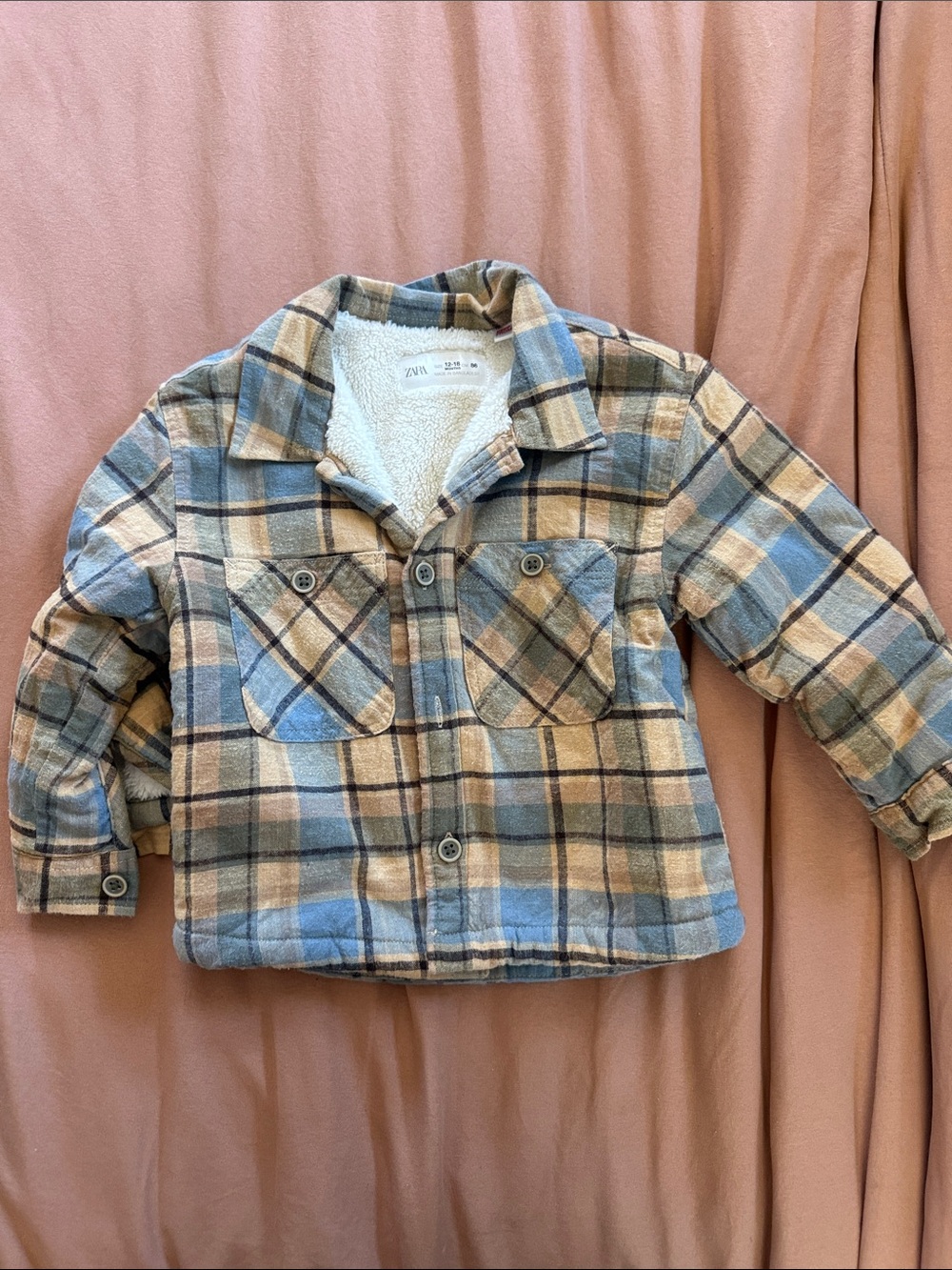 Zara Kids Blue & Tan Plaid Sherpa Shirt Jacket